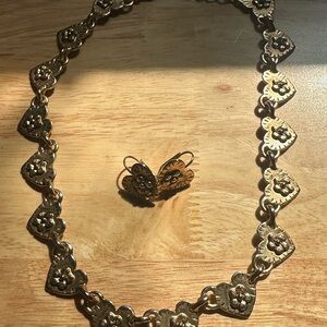 Victorian Revival Gold Tone Floral Heart Costume Jewelry Set